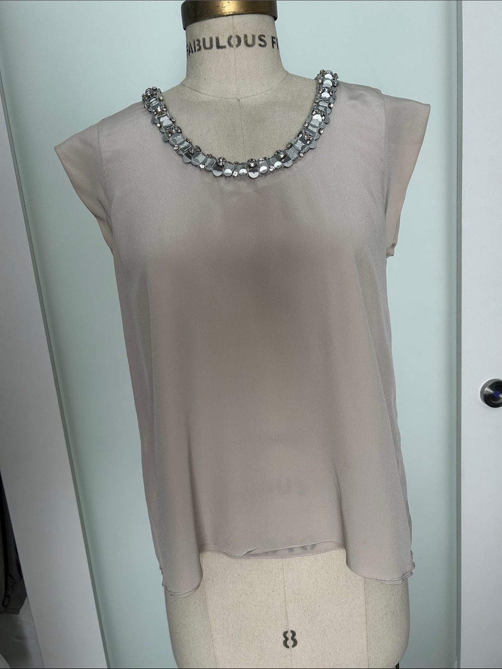 Rebecca Taylor Neural Silk Sleeveless Blouse Embellished Jewel Neckline 4